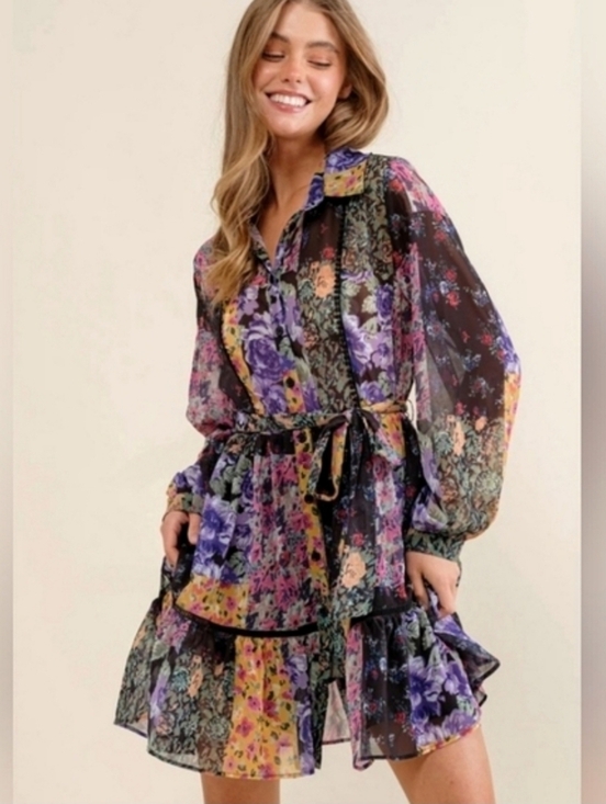 Zara Dresses & Skirts - Zara Amelia Floral Patchwork Longsleeve Button Down Mini Dress Size Medium